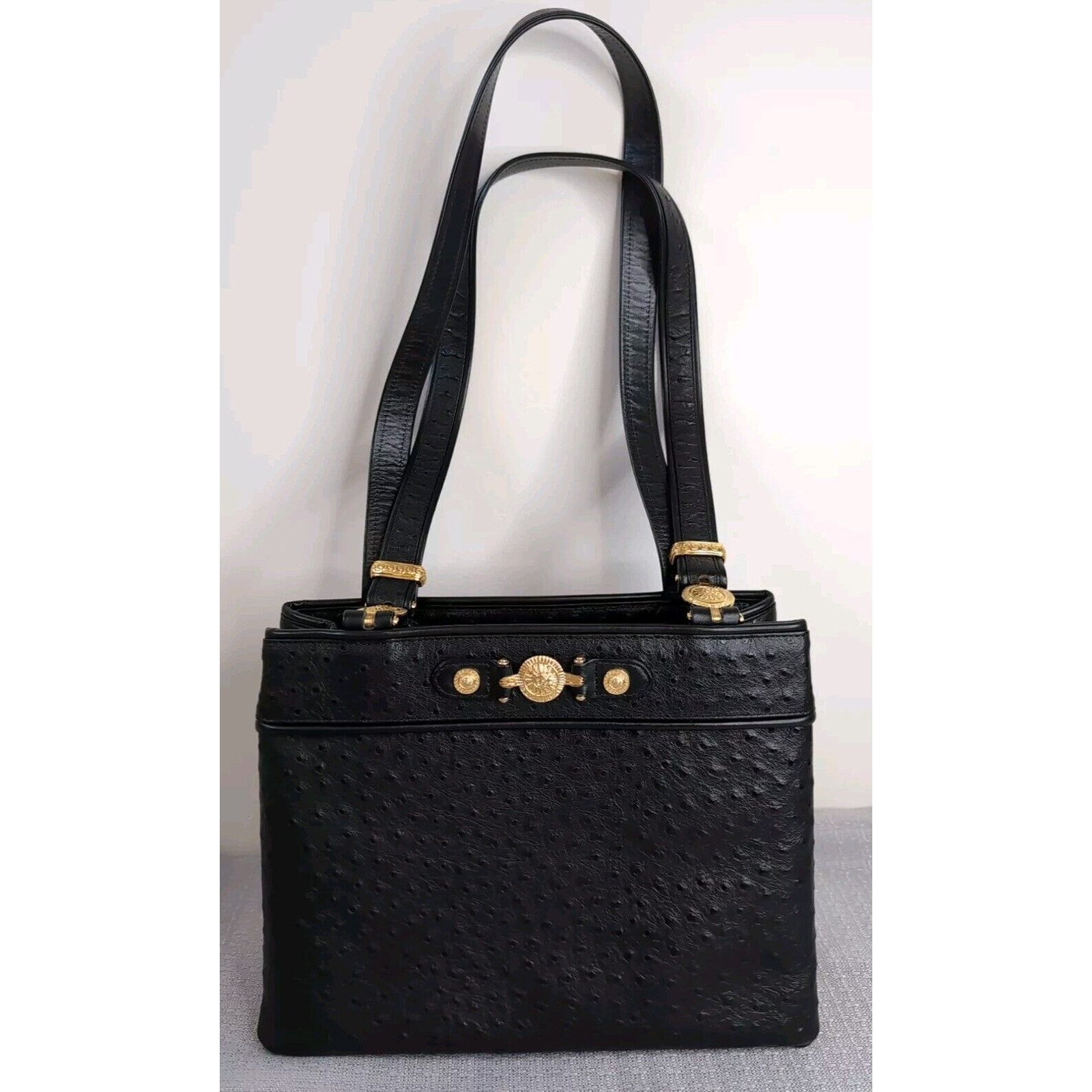 Gianni Versace Logo Sunburst Shoulder Bag Ostrich Leather Black With Dust Bag